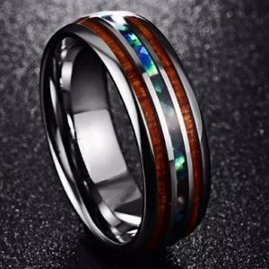Tungsten Steel & Hawaiian Kia Wood w/ Ablone Shell Size 8